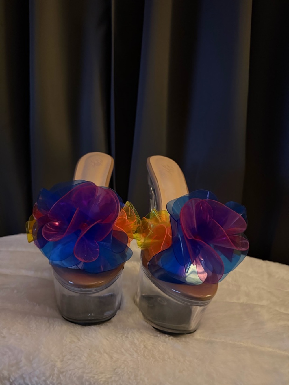 Clear Platform Slide Heels with Rainbow Floral Accent